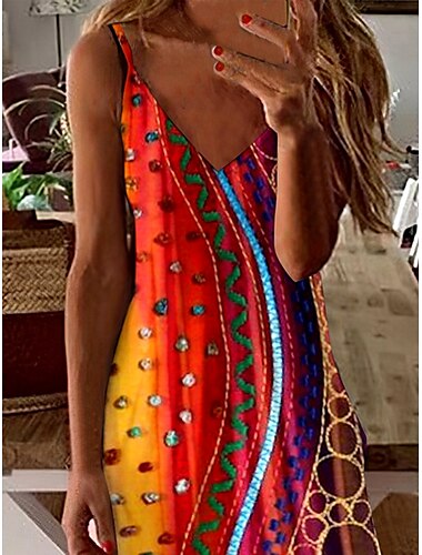  Damen Maxikleid A Linie Kleid Sommerkleid Unterkleid Urlaub Lässig Normale Passform Grafik Abstrakt Böhmische Ärmellos V Ausschnitt Rote Sommer Frühling