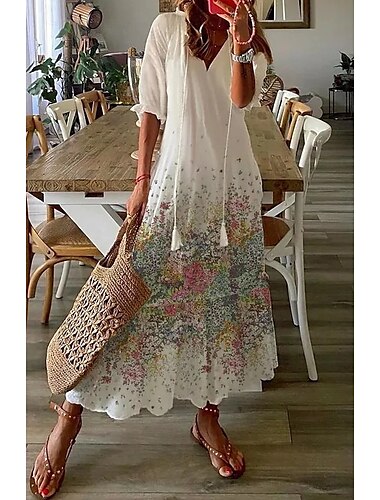  Damen kleid lang Weißes Kleid Leinenkleid Boho-Kleid Kleid drucken Romantisch Klassisch elegante kleider Puffärmel Urlaub Täglich Festtage Lockere Passform Graphic Blume Halbe Ärmel V Ausschnitt Weiß