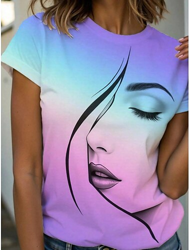  Damen T Shirt Grafik Abstrakt Stilvoll Lässig Kurzarm Rundhals Normale Oberteile Täglich Wochenende Druck Rosa Blau Purpur Grün Sommer Frühling