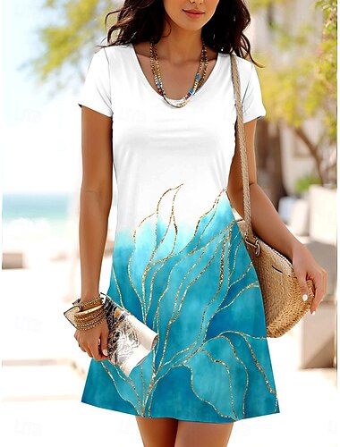  Dames Mini-jurk T shirt jurk A lijn jurk Zomerjurk Vakantie Casual Strandstijl Dagelijks Afspraakje Uitgaan Normale pasvorm Ombre Bloemig Grafisch Korte mouw Ronde hals Hemelsblauw Zomer Lente
