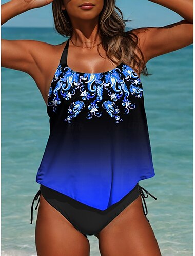  Damen Badeanzüge Tankini 2-teilig Freche Badeanzüge Rückenfrei Urlaub Strandmode Ombre Grafik U-Ausschnitt Ärmellos Badeanzüge