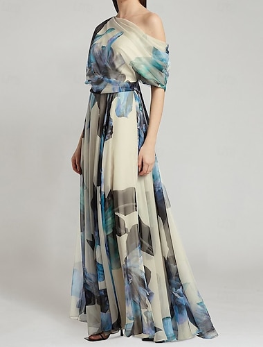  A-Linien Abendkleid Elegantes Kleid Formal Ball Bodenlänge Ärmellos Ein-Schulter Chiffon mit floralem Druck Hochzeitsgastkleid 2025