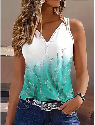  Γυναικεία Καμισόλ Tank Top Ombre Φλοράλ Καθημερινό Αμάνικο Λαιμός με εγκοπή Κανονικά μπλουζάκια Καθημερινά Κουμπιά Στάμπα Πράσινο του τριφυλλιού Καλοκαίρι