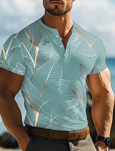  Hombre Hoja de palma Patrón de plantas Camiseta Henley Shirt Manga Corta Hawaiano Calle Casual Diario Verano Primavera Escarcha verde Rosa Verde Claro Azul Claro Henley Camiseta Henley