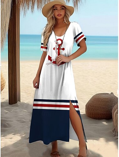  Damen Langes Kleid Maxikleid T-Shirt-Kleid Sommerkleid Shiftkleid Urlaub Tropisch Stilvoll Urlaub Party Ferien Normale Passform Geometrisch Gestreift Kurzarm Rundhalsausschnitt Weiß Rote Marineblau