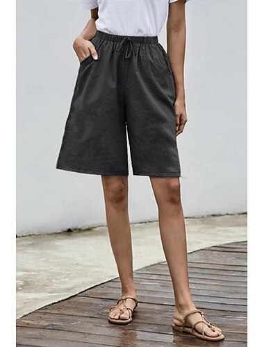  Women's Cotton Linen Shorts Shorts Slacks Streetwear Casual Short Natural Plain Pocket Elastic Drawstring Design Comfy Comfortable Street Going out Grey Navy Black White Summer Regular Fit
