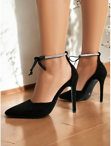  salto agulha feminino de camurça preta com bico fino e tira no tornozelo com strass – sapatos elegantes para noite e encontros