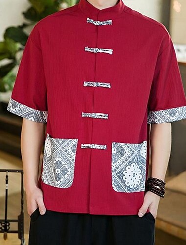  Herren Hemd leinenhemd Lässiges Hemd Knopfhemd Baumwoll-Shirt Bandana-Druck Urlaub Hawaiianisch Rote Marineblau Khaki Halbe Ärmel Stehkragen Sommer Frühling Bekleidung Patchwork