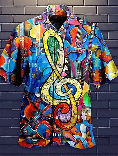  Voor heren Muziek Opmerkingen Muziekinstrument Overhemd Hawaiiaans overhemd Overhemd met knopen Korte mouw Sport Modieus Streetwear Casual Hawaii Feestdagen Zomer Lente Cubaanse kraag Afdrukken