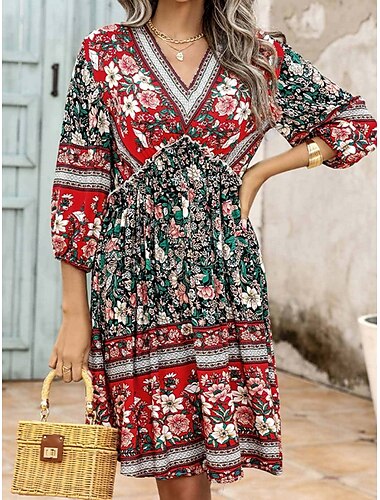  Damen Minikleid A Linie Kleid Urlaub Lässig Outdoor Ausgehen Normale Passform Grafik Dreiviertelarm V Ausschnitt Rote Orange Aprikose Sommer