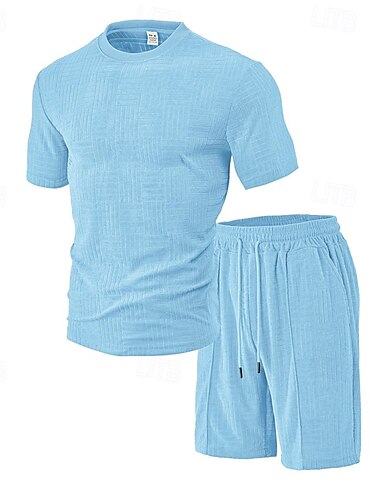  Herren T-Shirt Anzüge 2-teiliges Outfit T-Shirt und Shorts Kurzarm Rundhalsausschnitt Sommer Einfach Mode Lässig 2 teilig Urlaub Alltagskleidung Ausgehen Schwarz Wein Dunkelmarine Top T-Shirt für