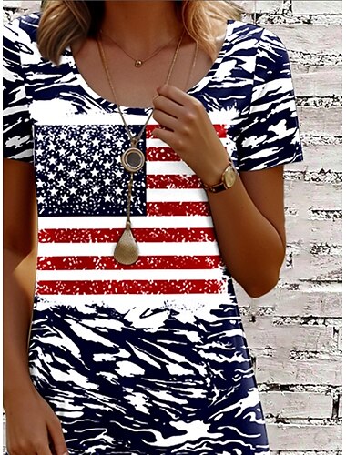  Unabhängigkeitstag Damen Patriotische Fourth of July Kleid Mini Kleid Lässig Kleid T-Shirt Kleid A-Linie Kleid Stilvoll Lässig Reguläre Passform Grafik Flagge Rot Weiß Und Blau Kurzarm Rundhals Navy