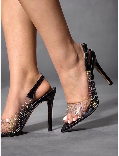  Escarpins à bride arrière noirs transparents en strass – sandales à talons aiguilles sexy pour soirée et bal