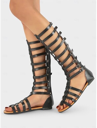  סנדלי גלדיאטור שחורים אופנתיים לנשים - עיצוב רצועות אבזם מרובות, אידיאלי לחופשות קיץ, סגנון רחוב והתכנסויות בחוץ