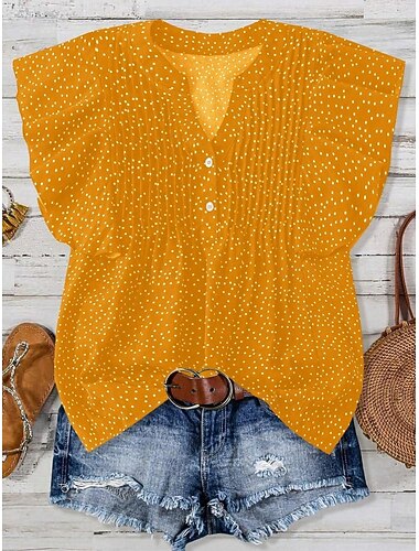  Per donna Camicia A Pois Elegante Casual Manica Corta Collo a V Top Regolari Quotidiano Volant Stampato Bianco Giallo Rosso Verde Estate Primavera
