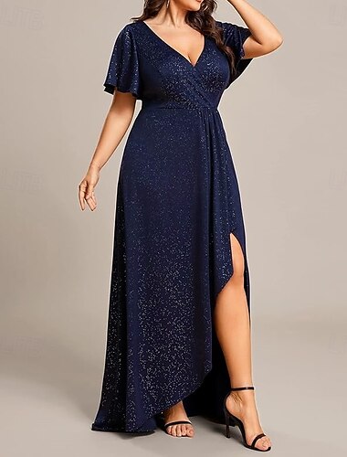  A-Linie Kleider für Hochzeitsgäste Elegant Kleid Hochzeitsgast Asymmetrisch Kurzarm V Ausschnitt Lurex Stoff mit Schlitz 2025
