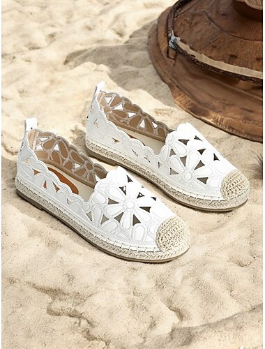  Weiße Espadrille-Ballerinas aus Spitze für Damen – atmungsaktive Slipper mit floralem Cutout-Design für Sommer, Strand und Freizeitausflüge