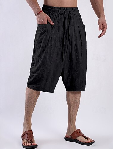  Herren Caprihose Leinenshorts Kurze Hosen Sommer-Shorts Strandshorts Kurze Hosen Tasche Kordelzug Elastische Taille Glatt Komfort Atmungsaktiv Wadenlänge Yoga Täglich Festtage Modisch Klassicher Stil