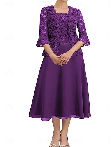  Ensembles de Robes Robe de Mère de Mariée  Élégant Simple Col Rond Longueur thé Chiffon Polyester Dentelle manche longue avec Dentelle Couleur Unie 2025