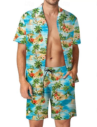  Herren Pflanzen Totenkopfe 2St Hemden-Sets Sommer Hawaiihemd Kurzarm Kurze Hosen Umlegekragen Urlaub Lässig Outdoor Heim Lässig 3D-Druck Sommer Rubinrot Schwarz Amethyst