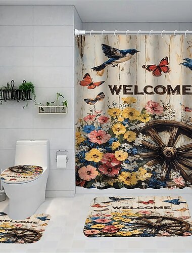  4-teiliger Badezimmer Set Wasserfester Polyester Duschvorhang mit 12 Haken 200 cm hoch duschvorhang waschbar Rutschfester Stabiler Badematte für Wohnkultur