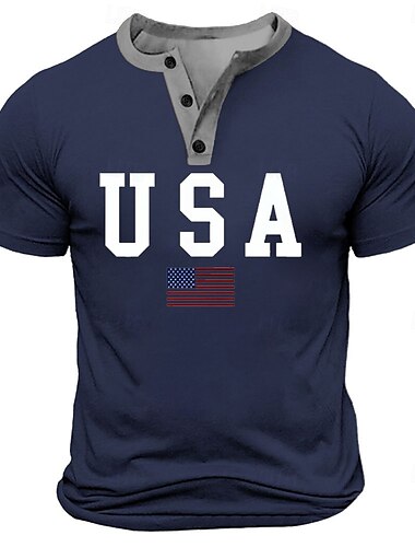  Herren Amerikanische US-Flagge USA T Shirt Henley Hemd Kurzarm Designer Retro Vintage Straße Lässig Täglich Sommer Frühling Schwarz Weiß Marineblau Militßrgrün Henley Henley T-Shirt