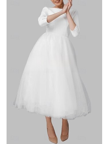  Verlobung kleines weißes Kleid Brautparty Kleider Hochzeitskleider A-Linie Bootsausschnitt 3/4 Länge Ärmel knöchellange Satin Brautkleider mit Falten 2025
