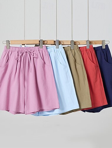  女性用 コットンリネンショートパンツ ショーツ スラックス ファッション ショート ナチュラルウエスト 平織り ポケット 弾性巾着デザイン 屋外 快適 アウトドア バケーション カーマイン フォレストグリーン ライトスカイブルー グレー 夏 レギュラー