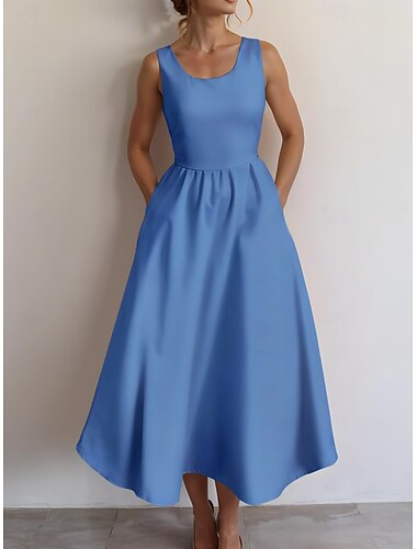  Damen Midikleid Sommerkleid A Linie Kleid Schulterfreies Kleid Urlaub Lässig Ausgehen Normale Passform Einfarbig Grafik Einfach Ärmellos U-Ausschnitt Schwarz Weiß Wein Meeresblau Sommer