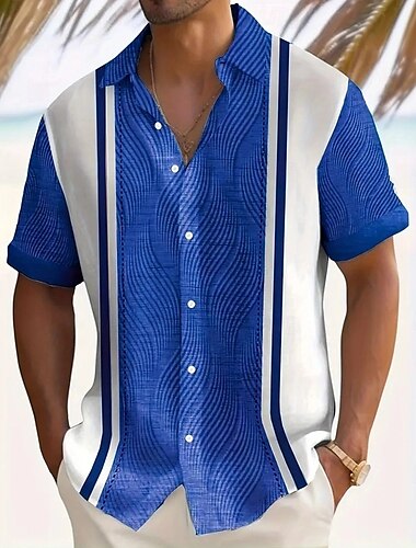  Herren Geometrisch Gestreift Hemd Freizeithemd Knopfhemd Kurzarm Modisch lässig Outdoor Urlaub Ferien Sommer Frühling Umlegekragen 3D-Druck Hemden mit Kragen Hellblau Rosa Khaki Dunkelblau