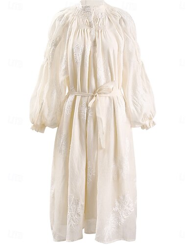  Dress Mother of the Bride Dress Elegant Vintage Simple V Neck Tea Length Cotton Blend Long Sleeve with Embroidery Midi Dress Wedding Guest Dress