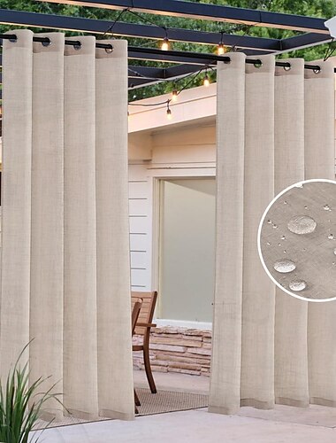  Cortina exterior impermeable para patio con aspecto de lino, resistente, para interior y exterior, cortina con ojales sólidos, cortina con aislamiento térmico para bloquear la luz solar de la serie