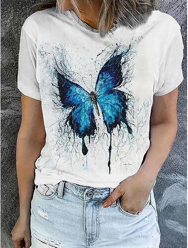  Women's T Shirt Summer Tops Graphic Butterfly Classic Casual Short Sleeve Crew Neck Crop Tops Daily Weekend Print Rainbow Summer Spring Fall