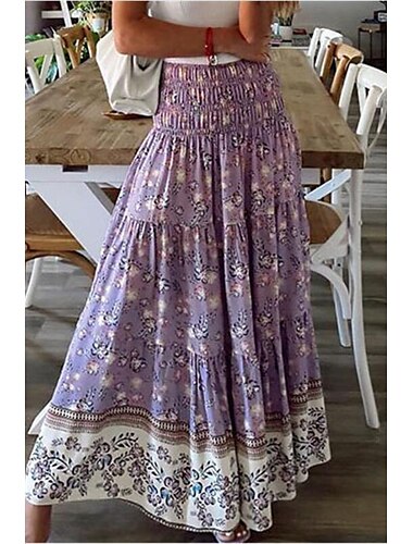  Damen Rock Schwingend Lässig Boho Maxi Mittlere Hüfthöhe Röcke Blumen Druck Mikroelastisch Urlaub Straße Apfel Grün Violett Schwarz Knackmandel Sommer Polyester