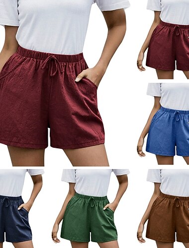  女性用 コットンリネンショートパンツ ショーツ ファッション ストリートファッション ショート ナチュラルウエスト 平織り ポケット 弾性巾着デザイン 快適 屋外 ストリート デイリーウェア お出かけ ワイン ダークブラウン アーミーグリーン ダークネイビー 夏 レギュラー