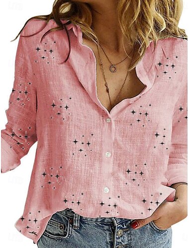  Women's Cotton Linen Shirt Star Stylish Casual Long Sleeve Shirt Collar Regular Tops Daily Buttons Print White Yellow Pink Gray Summer Spring