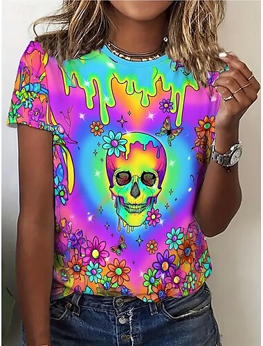  Pentru femei Tricou Topuri de vară Cranii graffiti Clasic Casual Manșon scurt Stil Nautic Crop Tops Zilnic Sfârșit de săptămână Imprimeu Curcubeu Vară Primăvară Toamnă