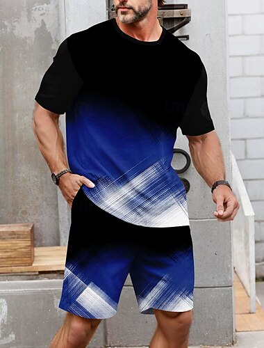  Herren Geometrisch Linie 2St T-Shirts-Sets Sommeroberteile Kurzarm Kurze Hosen Rundhalsausschnitt Sport Lässig Outdoor Urlaub Sport 3D-Druck Sommer Rubinrot Weiß Rot