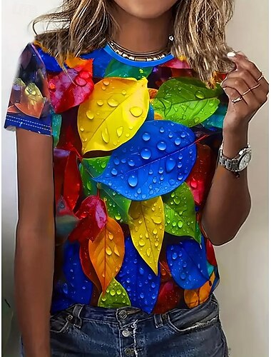  Damen T Shirt Sommeroberteile Farbblock Pflanzen Klassisch Lässig Kurzarm Rundhalsausschnitt Crop Tops Täglich Wochenende Druck Regenbogen Sommer Frühling Herbst