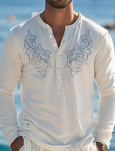  Homme imprimé Ethnique T-shirt Chemise Henley manche longue Designer Rétro Vintage Occasionnel Rue Occasionnel Quotidien Été Printemps Automne Blanche Rose Claire Bleu Henley T-shirt Henley