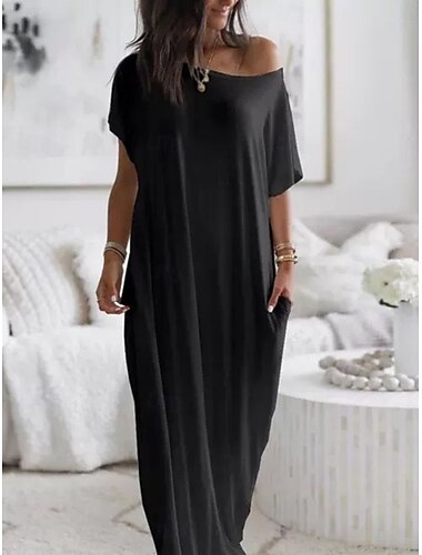  Damen Maxi Kleid T-Shirt Kleid Tee Kleid Lässig Outdoor Alltag Urlaub Regelmäßige Passform Einfarbig Kurzarm Rundhalsausschnitt Schwarz Weiß Grau Sommer