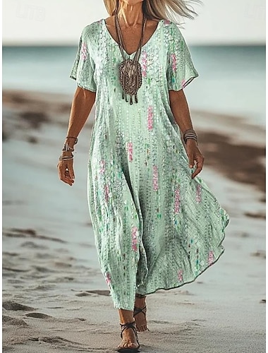  Damen Maxi Kleid A-Linien Kleid Freizeitkleid Strandkleid A-Linien Kleid Sommerkleid Bohemia Urlaub Vintage täglich reguläre Passform Ombre Grafik Geometrisch Kurzarm V-Ausschnitt Blau Lila Grün