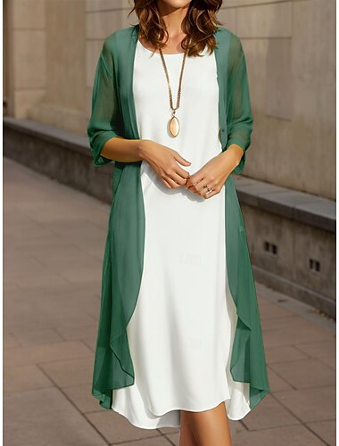  Damen Abschlusskleid Midi Kleid Einfarbig 2-teiliges Kleid A-Linie Kleid Sommerkleid Lässig Schlicht Falten Midi Kleid Halblange Ärmel Rundhals Urlaub Täglich Wein Königsblau Helllila Frühling Herbst