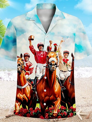  ケンタッキーダービー 男性用 競馬 バラのために走る シャツ キューバシャツ 半袖 ヴィンテージレトロ バケーション 祝日 祭り 夏 春 キャンプカラーシャツ 3Dプリント 面白いケンタッキーダービーシャツ ライトブルー