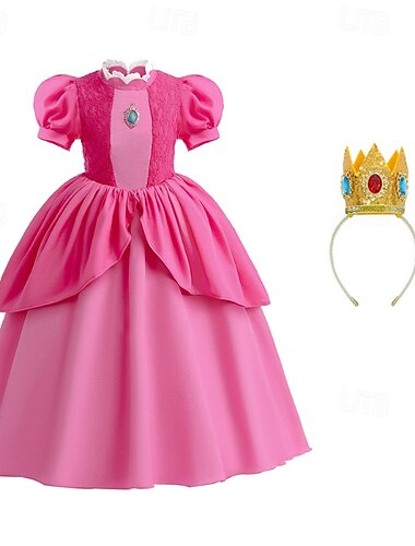  Kinder Mädchen Kleid Cosplay-Kleid Prinzessinenkleid Farbblock Kurzarm Leistung Cosplay Kostüme Spitze Gerafft Patchwork Niedlich Kostüm Süß Baumwolle Midi Partykleid Sommer Frühling Ab 4 Jahren