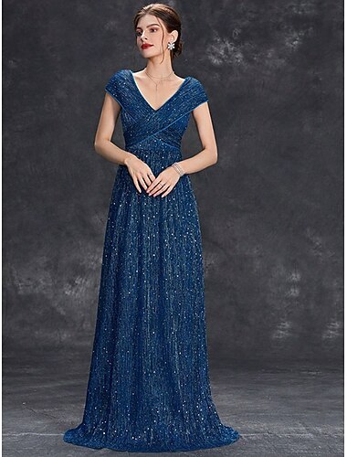  Abito madre della sposa abito elegante festa scollatura a V lunghezza pavimento in chiffon poliestere maniche corte con paillettes