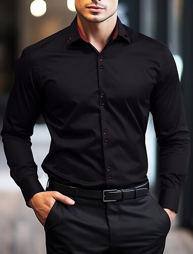  Herren Oberhemd Glatt Hochzeit Arbeit Hellblau Schwarz Weiß Langarm Kentkragen Sommer Frühling Bekleidung