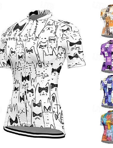  Dames Wielrenshirt Kat Korte mouw Fietsen T-shirt Shirt met 3 achterzakken Bergracen Sneldrogend Anatomisch ontwerp Lampenkatoen Ademend Sport Paars Wit Donker paars Kleding
