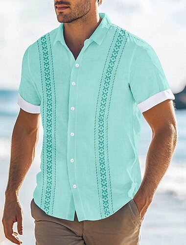  Pánské Geometrický Košile Košile Guayabera Košile na knoflíky Krátký rukáv Móda pro volný čas Dovolená Na den Oblečení na pláž Léto Jaro Přehnutý košile s límečkem Bílá Vodní modrá Trávová zelen