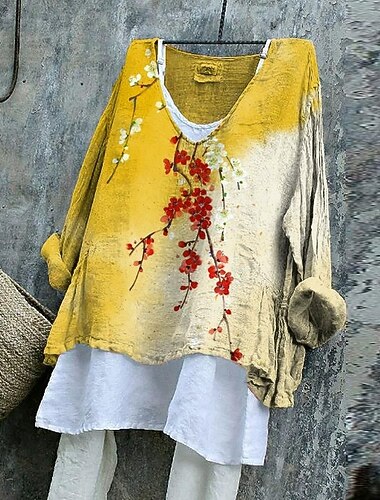  Blusa da donna in cotone e lino grafica elegante vintage stilosa a maniche corte scollo a V top regolari quotidiani per le vacanze bottoni bianco giallo blu viola verde estate primavera